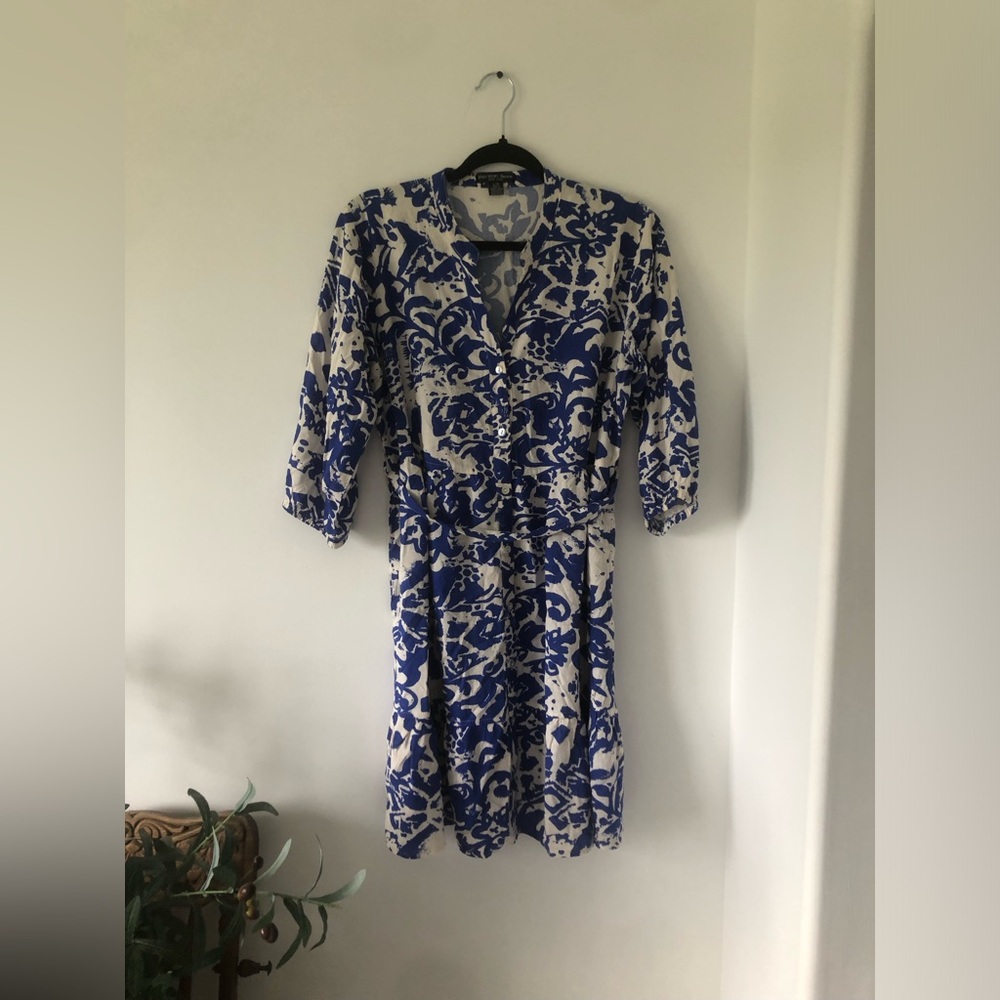 Beechers Brooke‎ 100% Rayon Blue and White Printed V-Neck Mini Dress | Size L